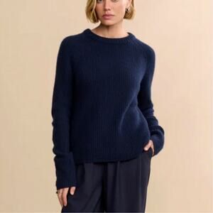 Jenni Kayne XS 100% Cashmere $425 Fisherman Sweater Oversized Crewneck Navy Blue